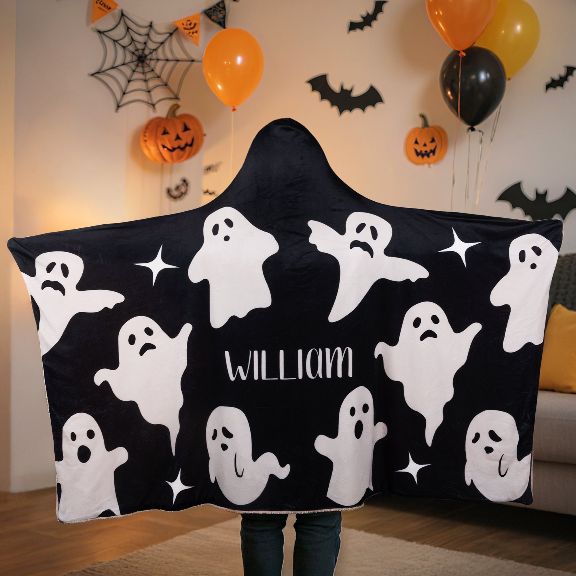 Fantasma Personalizado Manta Suave con Capucha y Nombre Regalo de Halloween para Niños Amantes de Halloween