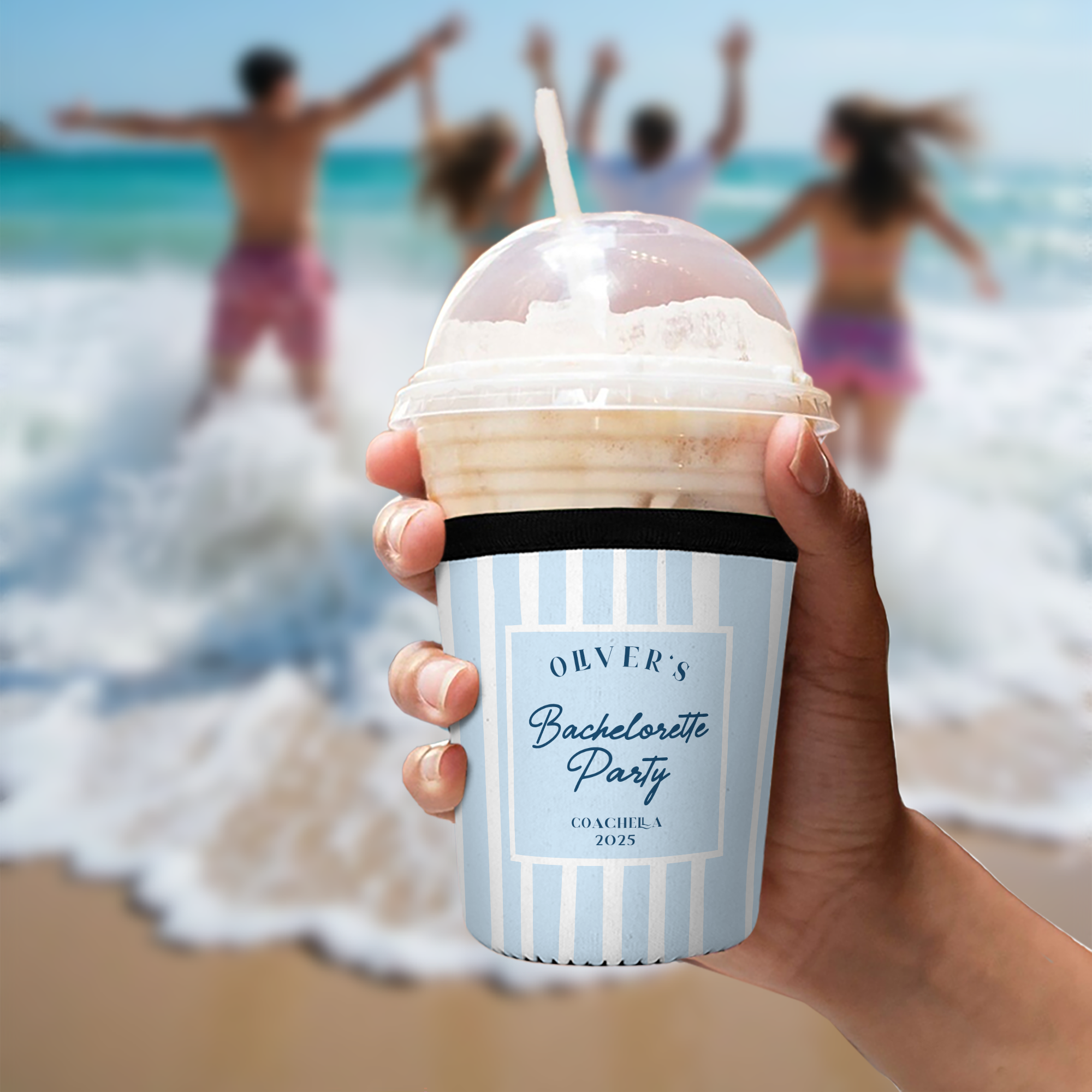 Regalo de despedida de soltera personalizado con nombre y fecha de la despedida de soltera en la playa con diseño de rayas.