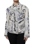 Women's Light Blue Graffiti Button Down Denim Jacket Cotton Elastane Clothing