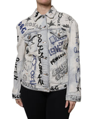 Women's Light Blue Graffiti Button Down Denim Jacket Cotton Elastane Clothing