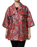 Women's Red Floral Jacquard Button Down Coat Jacket Clothing