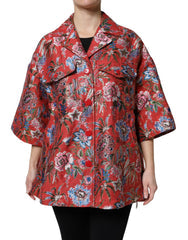 Women's Red Floral Jacquard Button Down Coat Jacket Clothing