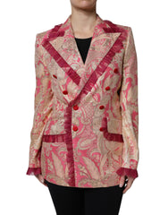Women's Pink Gold Jacquard Nylon Coat Blazer Jacket And Clothing