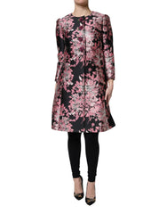 Women's Pink Black Floral Brocade Trenchcoat Jacket Clothing