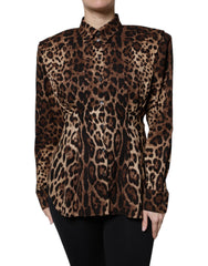 Women's Brown Leopard Silk Button Down Coat Jacket Elastane Polyester Clothing