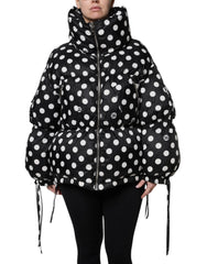 Women's Black White Polka Dot Full Zip Puffer Jacket And Nylon Clothing