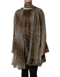 Women's Brown Leopard Print Scarf Collared Chiffon Dress Polyester