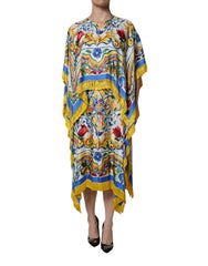Women's Multicolor Majolica Kaftan Short Sleeves Maxi Dress Silk Rayon Elastane