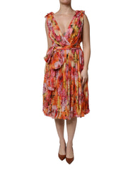 Women's Multicolor Floral Silk V-Neck Chiffon Dress
