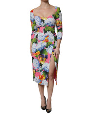Women's Multicolor Floral Side Slit Midi Dress Viscose Elastane