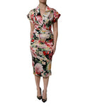 Women's Multicolor Floral Short Sleeves Sheath Midi Dress Silk Elastane