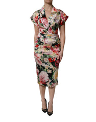 Women's Multicolor Floral Short Sleeves Sheath Midi Dress Silk Elastane