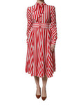 Women's White Red Stripes Long Sleeves Midi Dress And Silk