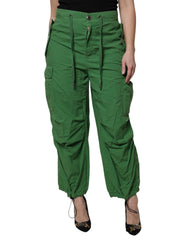 Women's Green Cotton High Waist Cargo Pants Elastane