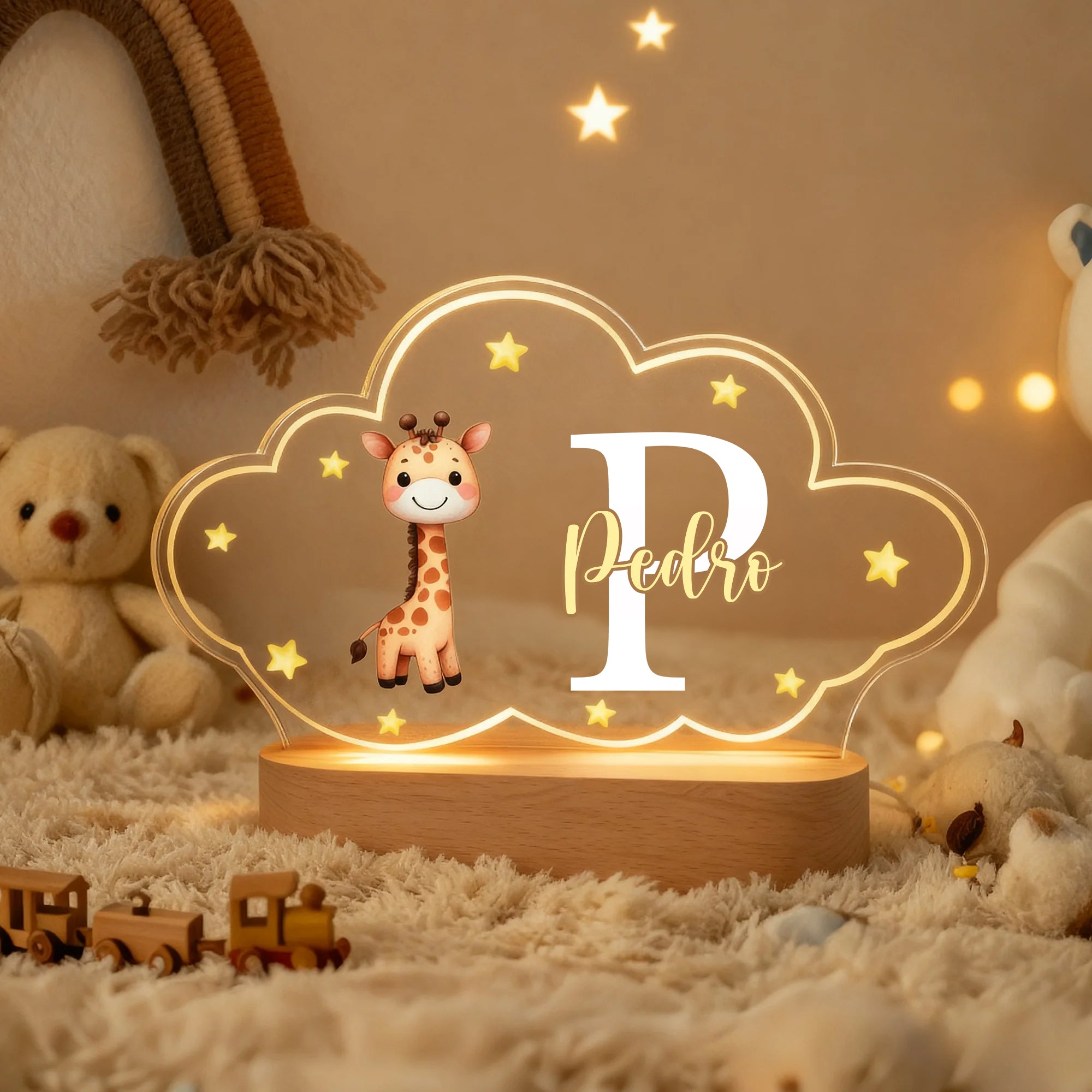 Luz nocturna personalizada de acrílico con nombre y animales de dibujos animados con base de madera regalo de cumpleaños y aniversario para niños