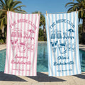 Toalla de playa a rayas champán personalizada con texto Lugar y fecha Vacaciones de verano Despedida de soltera Regalo de cumpleaños para niñas Damas de honor
