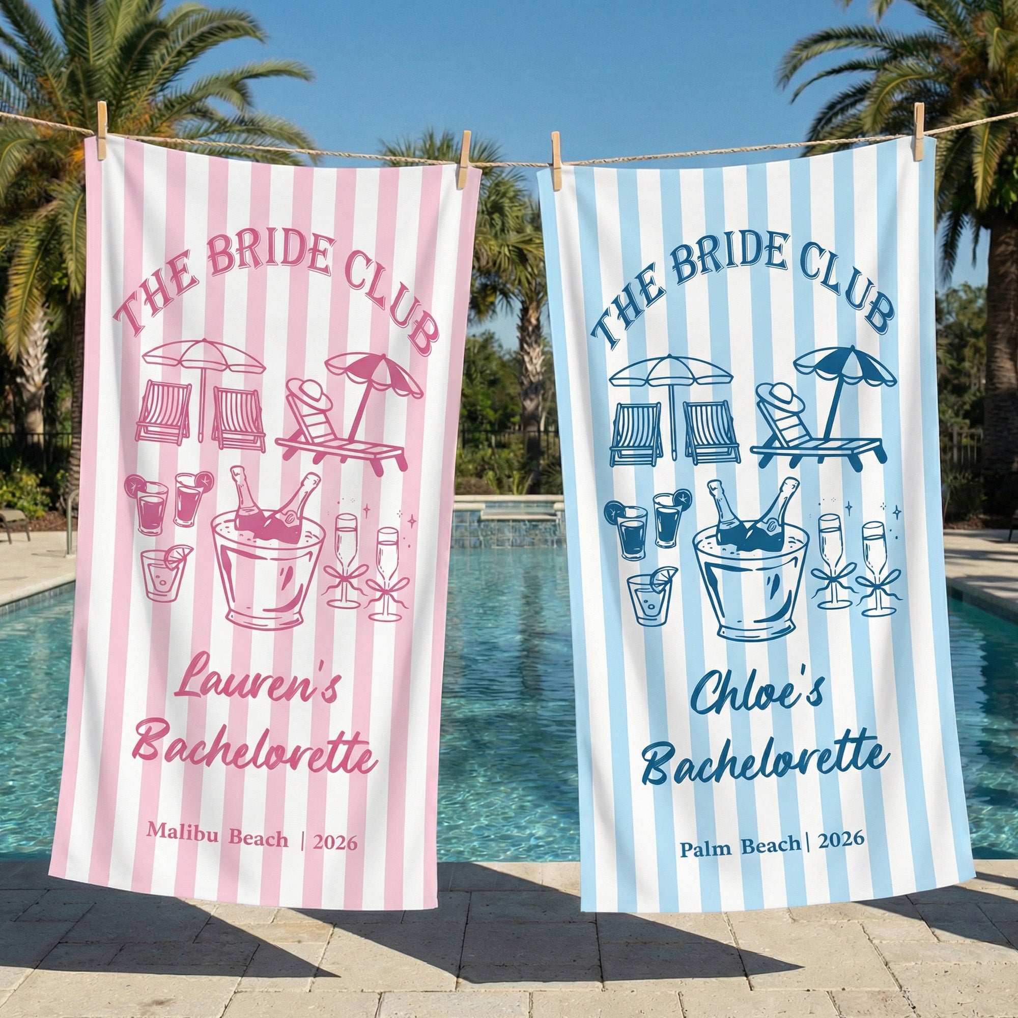 Toalla de playa a rayas champán personalizada con texto Lugar y fecha Vacaciones de verano Despedida de soltera Regalo de cumpleaños para niñas Damas de honor