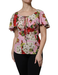 Women's Pink Floral Silk Short Sleeves Blouse Top Elastane