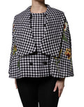 Women's Black White Monochrome Patterned Floral Cape Jacket And Virgin Wool Elastane Clothing