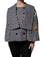 Women's Black White Monochrome Patterned Floral Cape Jacket And Virgin Wool Elastane Clothing