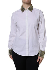 Women's White Cotton Long Sleeves Sequin Shirt Top Polyester Elastane