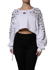 Women's White Embellished Long Sleeve Cropped Sweater Cotton Clothing