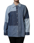 Women's Blue Cotton Button Up Collared Long Sleeve Top
