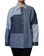 Women's Blue Cotton Button Up Collared Long Sleeve Top