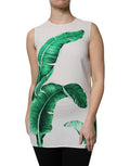 Women's White Banana Leaf Print Round Neck Tank Top Viscose