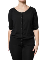 Women's Black Button Down Short Sleeve Blouse Top Virgin Wool