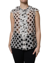 Women's White Black Polka Dot Cotton Sleeveless Top And Silk Nylon