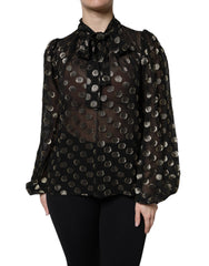 Women's Black Sheer Tied Neck Polka Dots Blouse Top Gold Silk Metallized Fiber