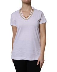 Women's White Necklace Cotton Short Sleeve T-Shirt