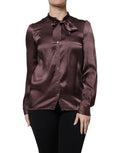 Women's Brown Ascot Collar Long Sleeve Blouse Top Silk