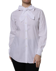 Women's White Ascot Collar Long Sleeve Blouse Top Cotton