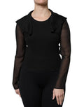 Women's Black Silk Sheer Long Sleeves Blouse Top