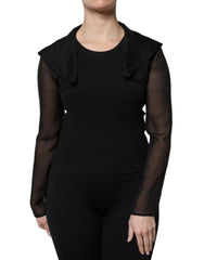 Women's Black Silk Sheer Long Sleeves Blouse Top