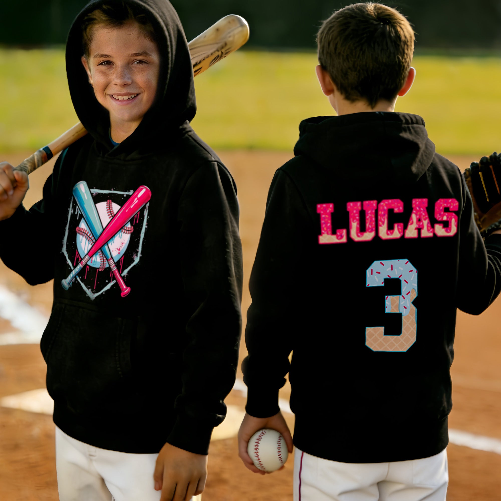 Goteo personalizado de béisbol Suave niños camiseta Sudadera Sudadera con capucha con nombre y número Día de Juego Regalo de cumpleaños para los jugadores de béisbol