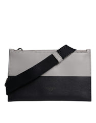Men's Black White Leather Logo Embossed Crossbody Bag And Calfskin Viscose Polyester