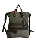 Men's Patchwork Rucksack Backpack Green Cotton Calf Leather