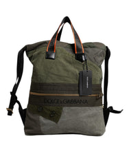 Men's Patchwork Rucksack Backpack Green Cotton Calf Leather