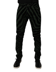 Men's Black Green Stripes Cotton Skinny Denim Jeans And Elastane Clothing