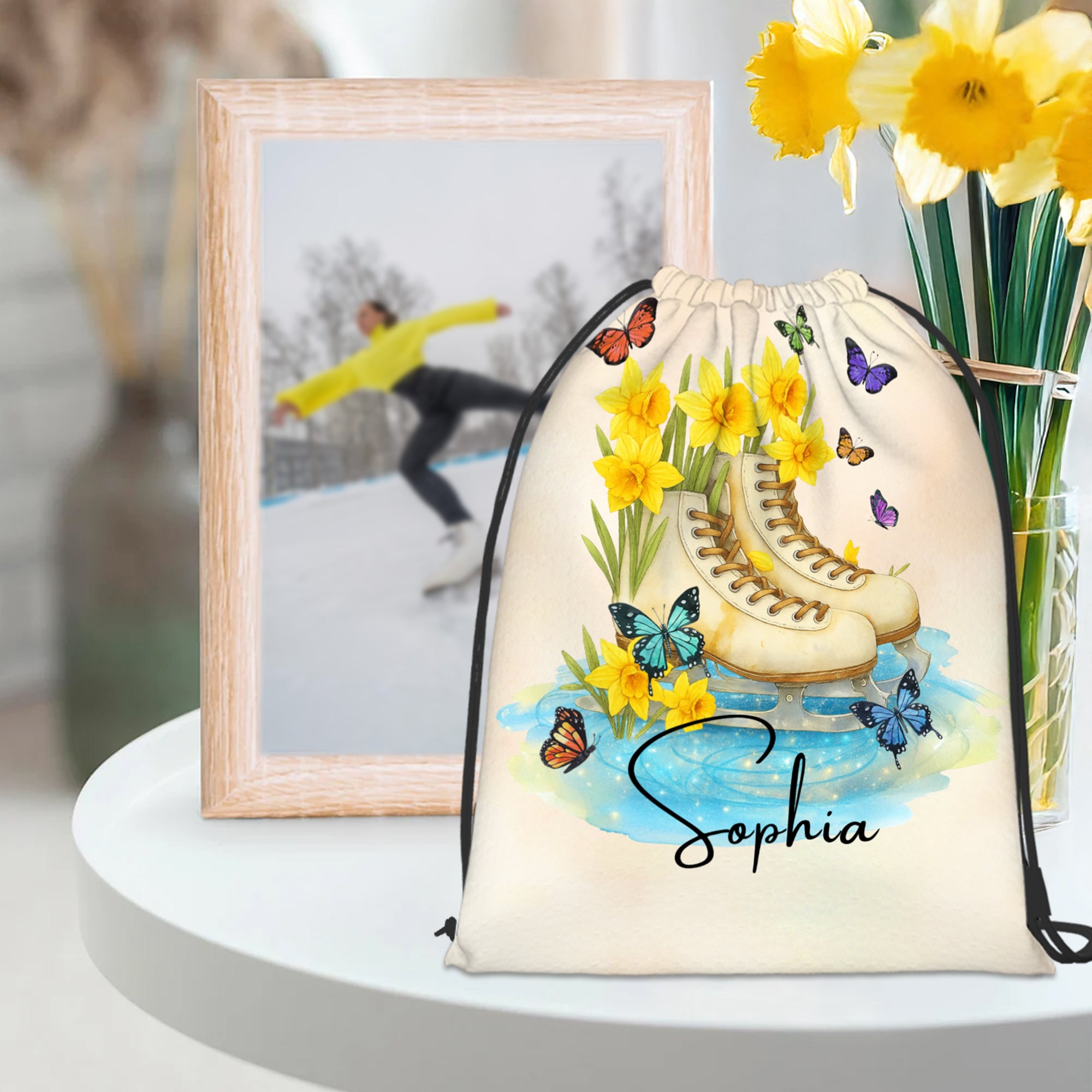 Personalizada Patinaje Zapatos Nacimiento Flor Gran Capacidad Bolsa Cordón con Nombre Viaje Entrenamiento Cumpleaños Regalo para Patinadores Sobre Hielo Entusiastas Estudiantes