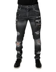 Men's Dark Gray Tattered Cotton Skinny Denim Jeans Clothing