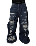 Dark Blue Tattered Wide Leg Men Denim Jeans Cotton Elastane Clothing