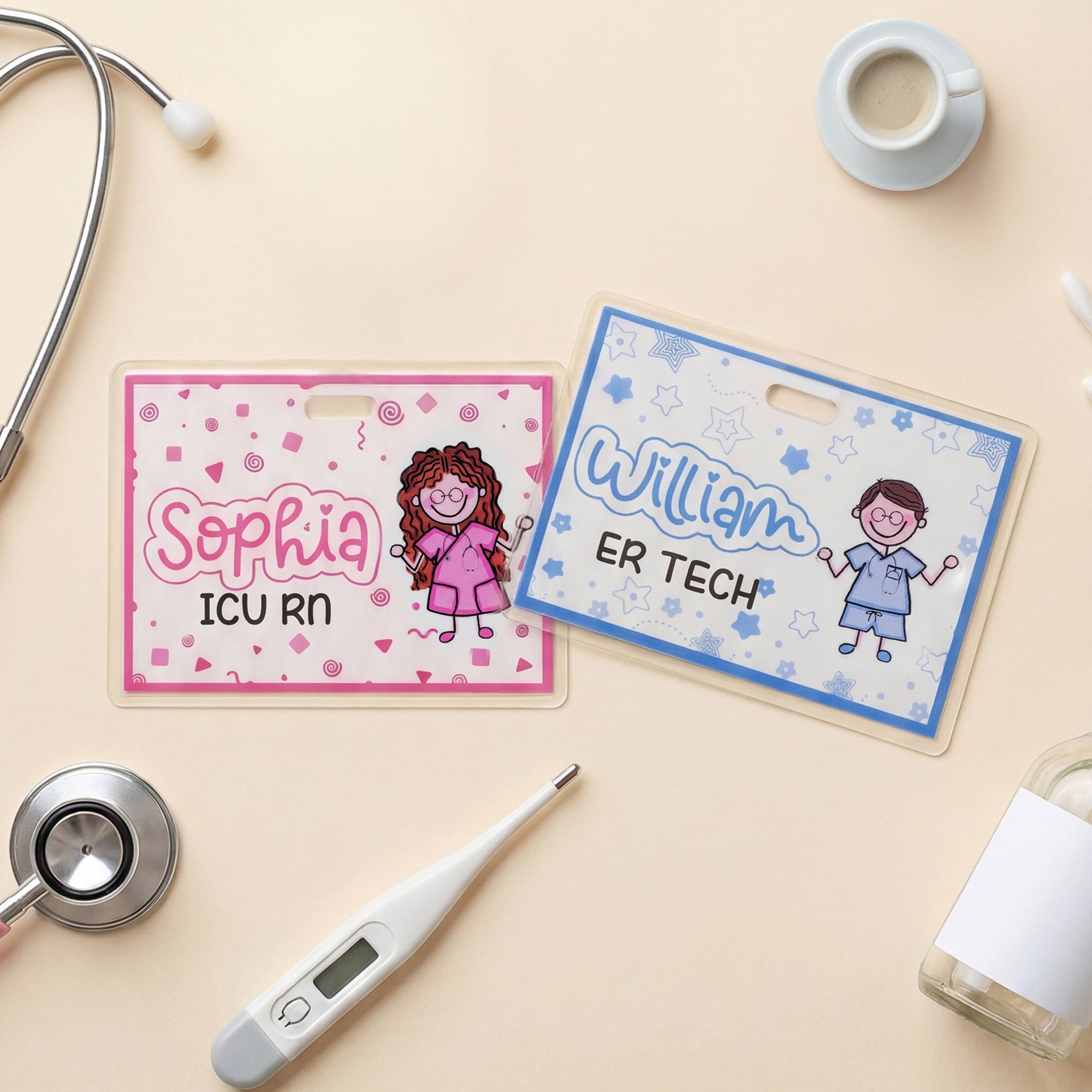 Personalizada de dibujos animados de la enfermera simple línea de dibujo laminado de papel fotográfico de identificación de la insignia de Buddy con el nombre de la enfermera de la Semana de cumpleaño