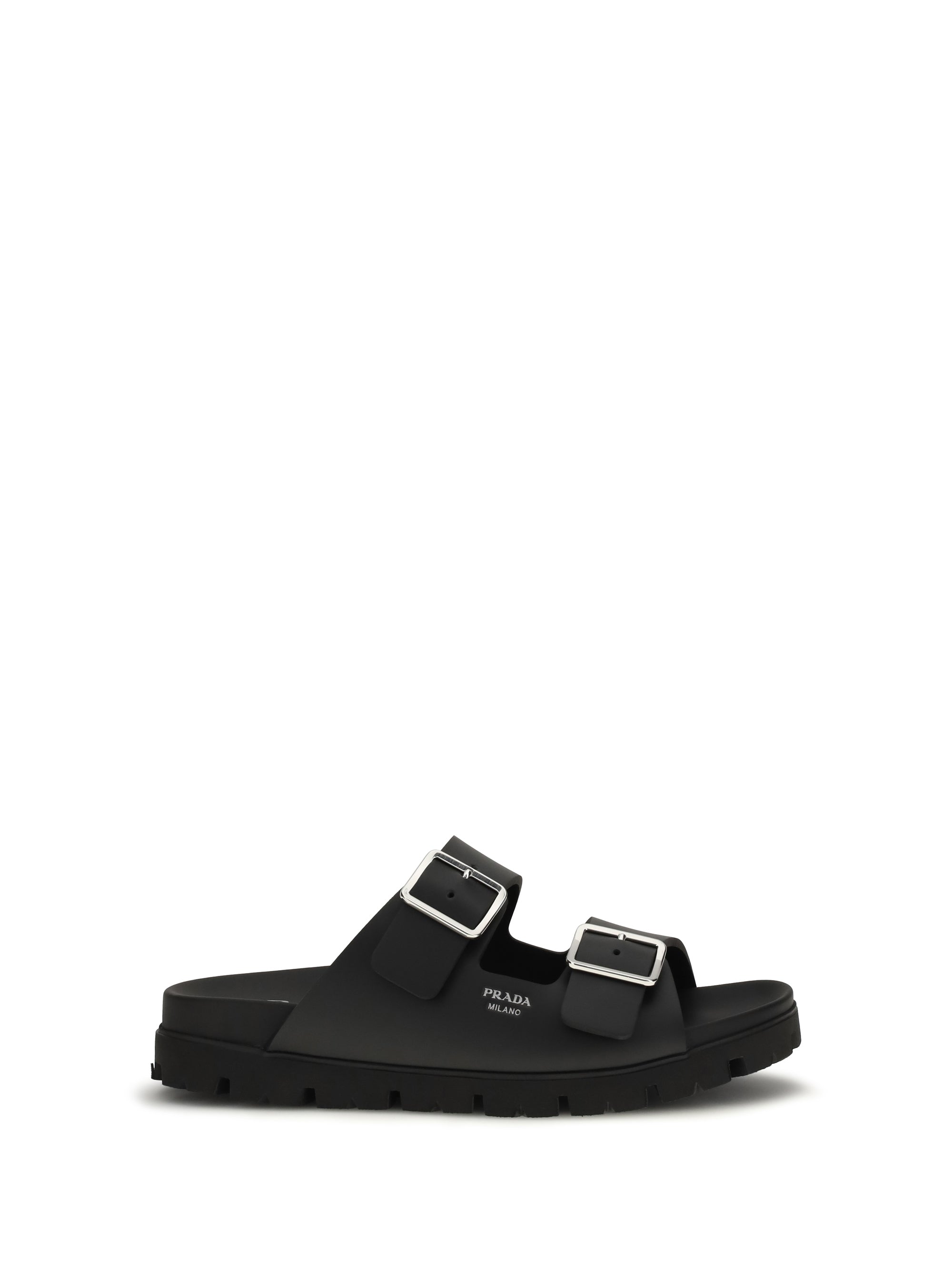 Prada Leather Buckle-Strap Sandals — Black