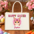 Feliz Pascua personalizada Leopardo Conejo de dibujos animados Bolsa de yute de gran capacidad con nombre Caza del huevo Accesorios Regalo de Pascua para niños