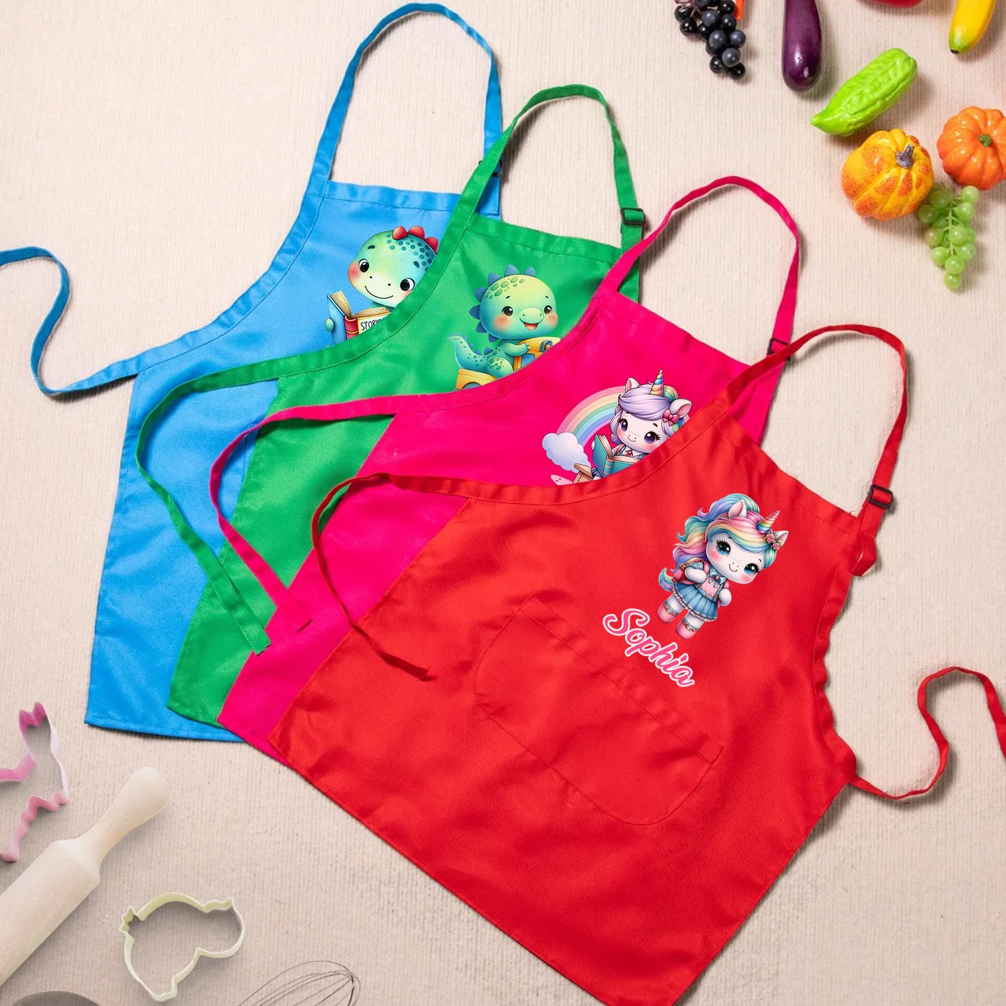 Set de delantal y gorro de cocinero con bolsillo y nombre Personalizado Fantasía Unicornio Dinosaurio Regalo de cumpleaños de cocina para niños