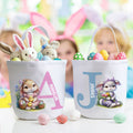 Cesta de Pascua de lona personalizada con conejito de dibujos animados con nombre e inicial Accesorios para la caza del huevo Regalo de Pascua para niños Niñas